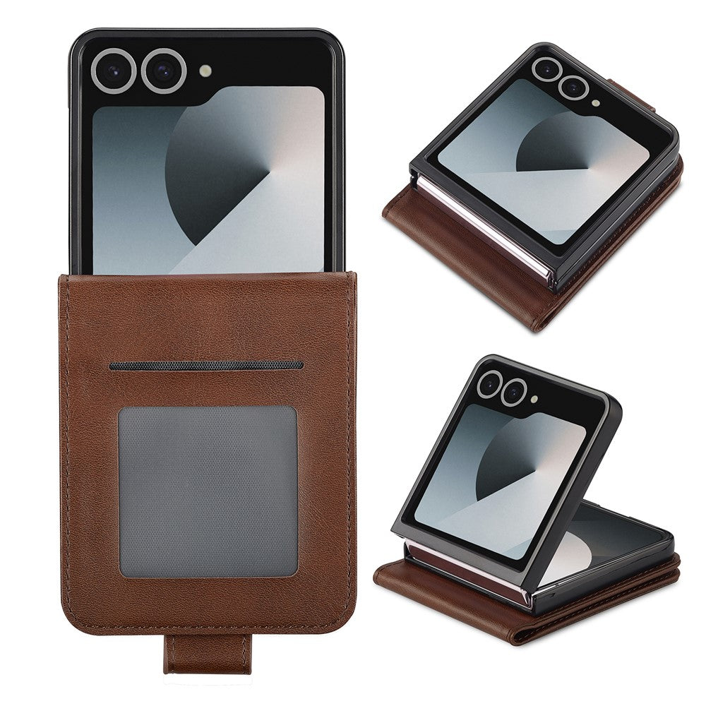 LC.IMEEKE For Samsung Galaxy Z Flip7 5G Case Card Holder Calf Texture PU Leather Folding Phone Cover - Brown