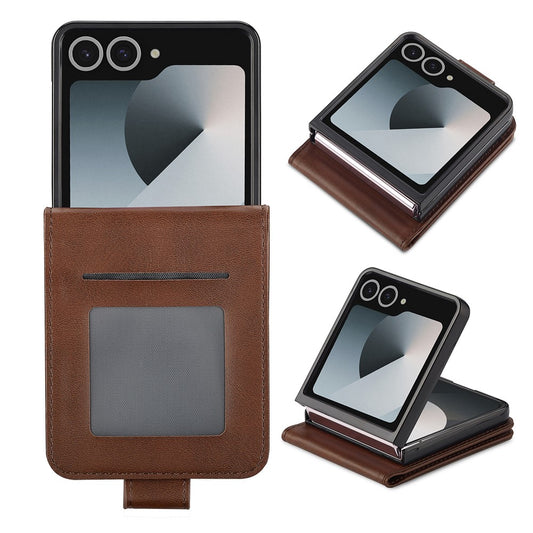 LC.IMEEKE For Samsung Galaxy Z Flip7 5G Case Card Holder Calf Texture PU Leather Folding Phone Cover - Brown