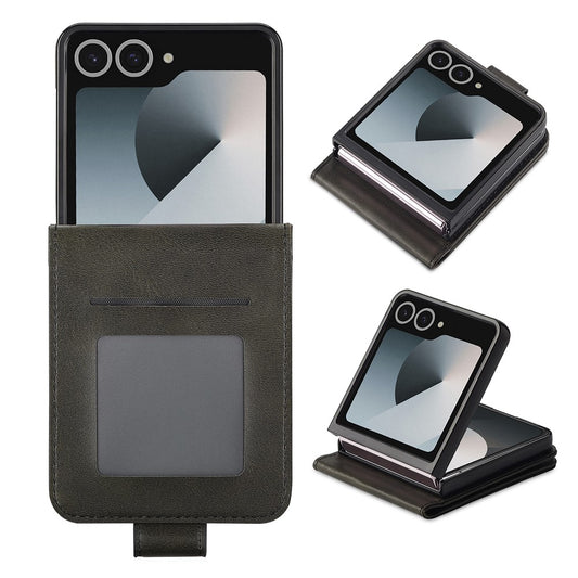 LC.IMEEKE For Samsung Galaxy Z Flip7 5G Case Card Holder Calf Texture PU Leather Folding Phone Cover - Black