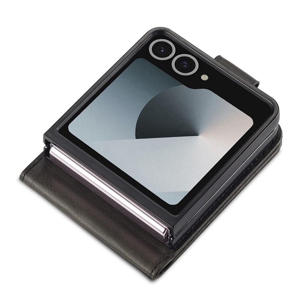 LC.IMEEKE For Samsung Galaxy Z Flip7 5G Case Card Holder Calf Texture PU Leather Folding Phone Cover - Black