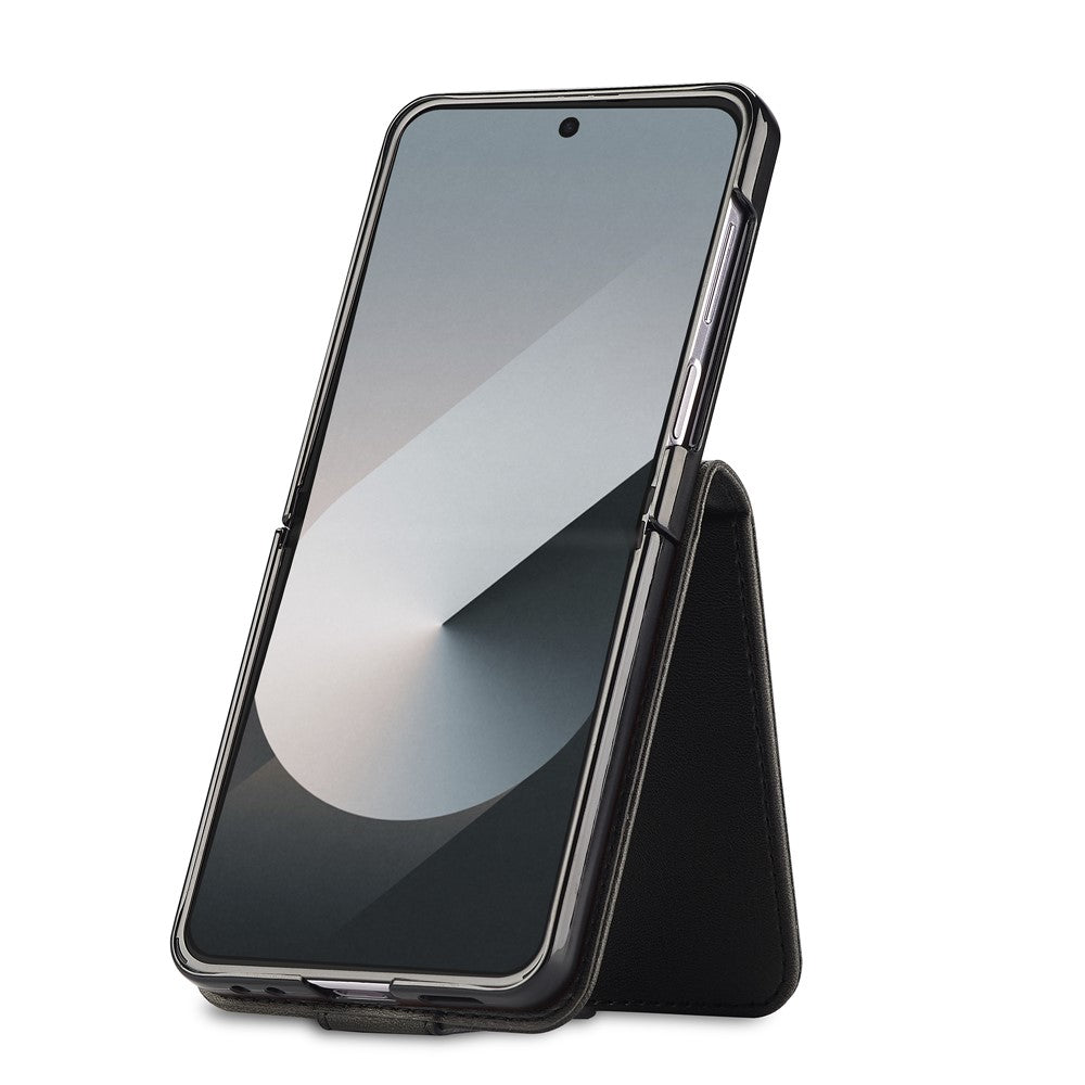 LC.IMEEKE For Samsung Galaxy Z Flip7 5G Case Card Holder Calf Texture PU Leather Folding Phone Cover - Black