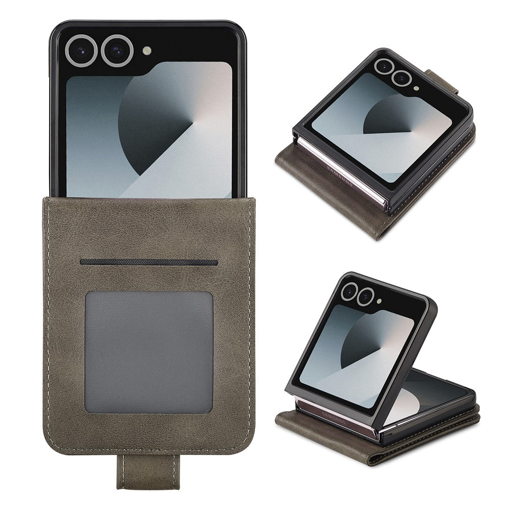 LC.IMEEKE For Samsung Galaxy Z Flip7 5G Case Card Holder Calf Texture PU Leather Folding Phone Cover - Grey