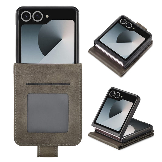 LC.IMEEKE For Samsung Galaxy Z Flip7 5G Case Card Holder Calf Texture PU Leather Folding Phone Cover - Grey