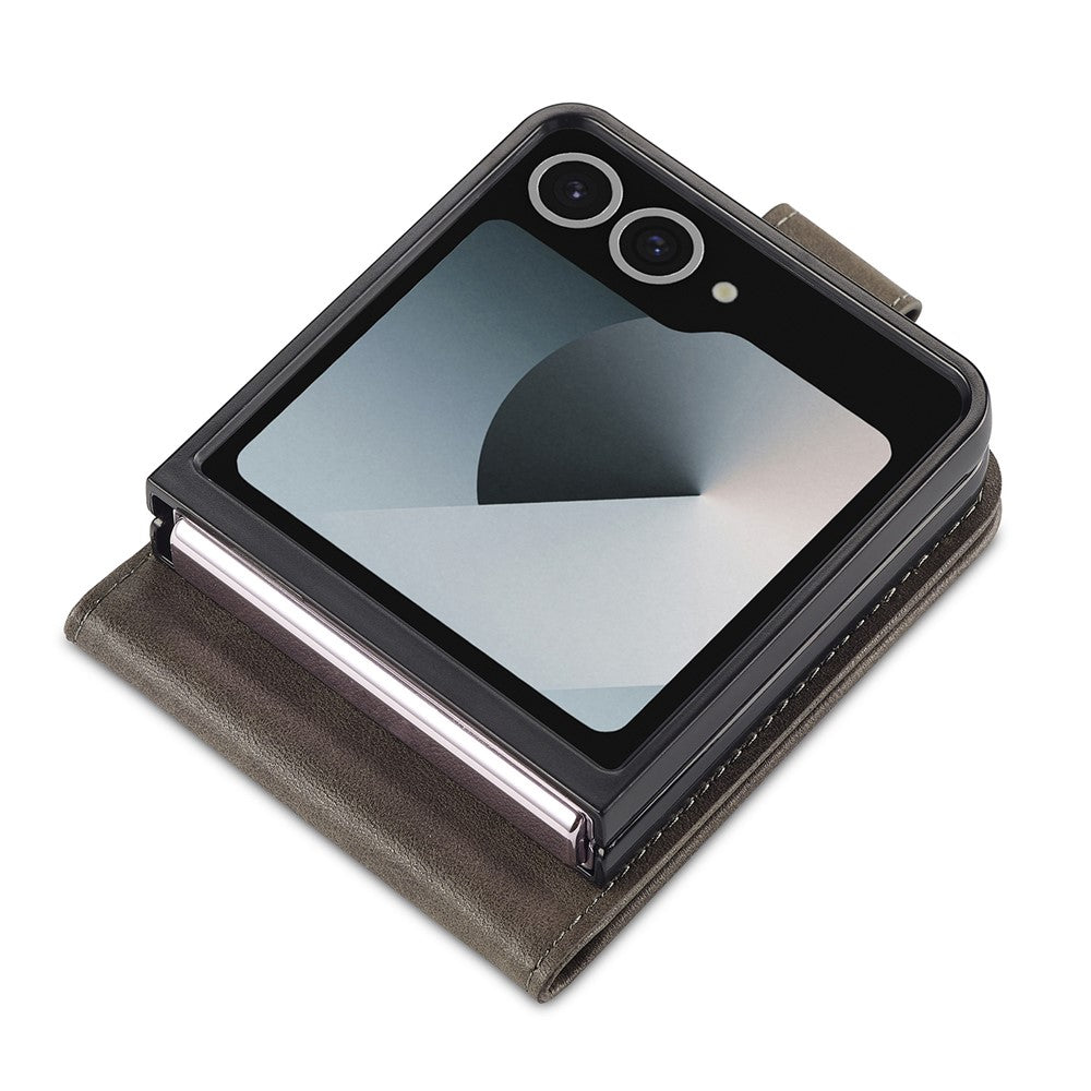 LC.IMEEKE For Samsung Galaxy Z Flip7 5G Case Card Holder Calf Texture PU Leather Folding Phone Cover - Grey