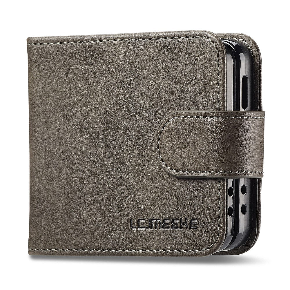 LC.IMEEKE For Samsung Galaxy Z Flip7 5G Case Card Holder Calf Texture PU Leather Folding Phone Cover - Grey