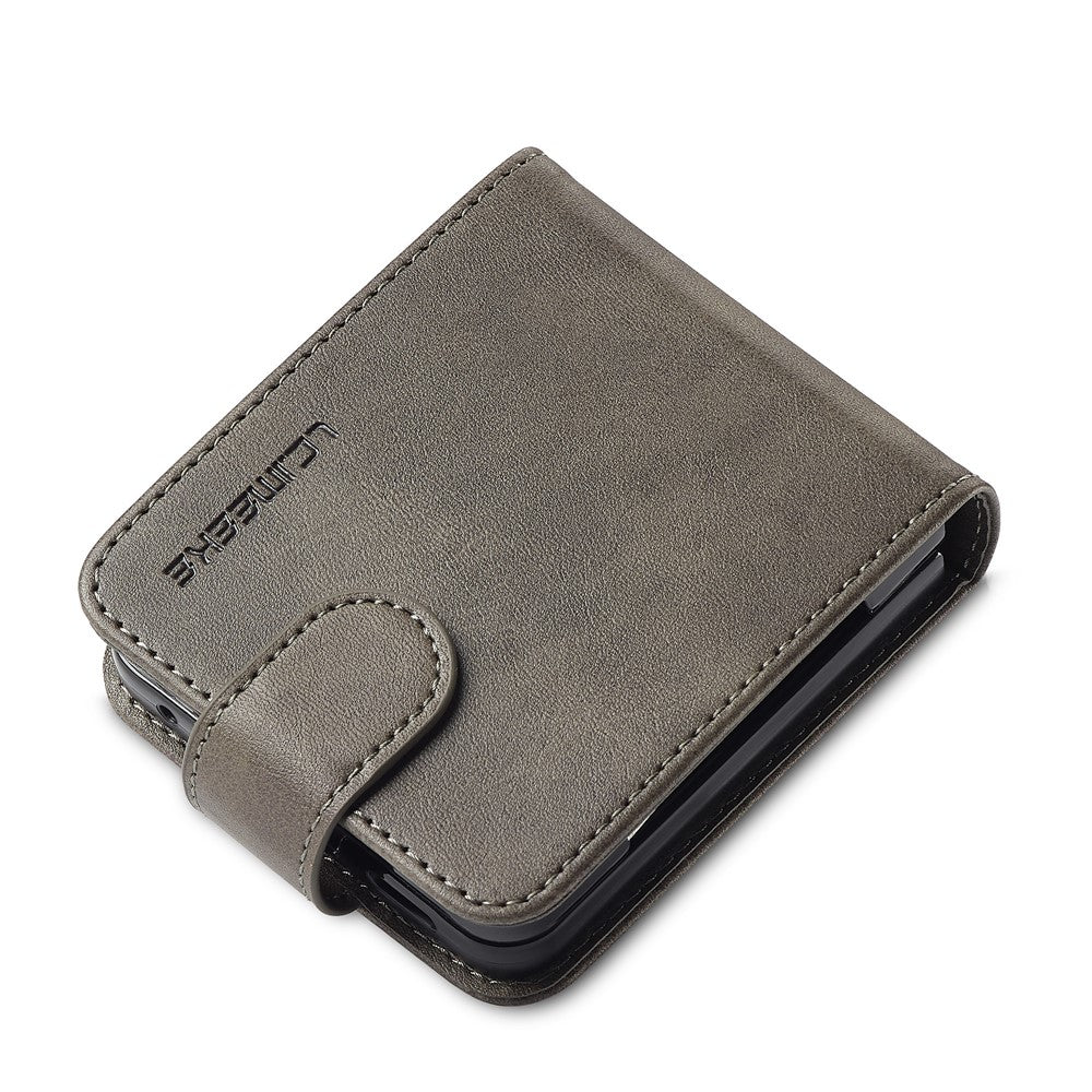 LC.IMEEKE For Samsung Galaxy Z Flip7 5G Case Card Holder Calf Texture PU Leather Folding Phone Cover - Grey