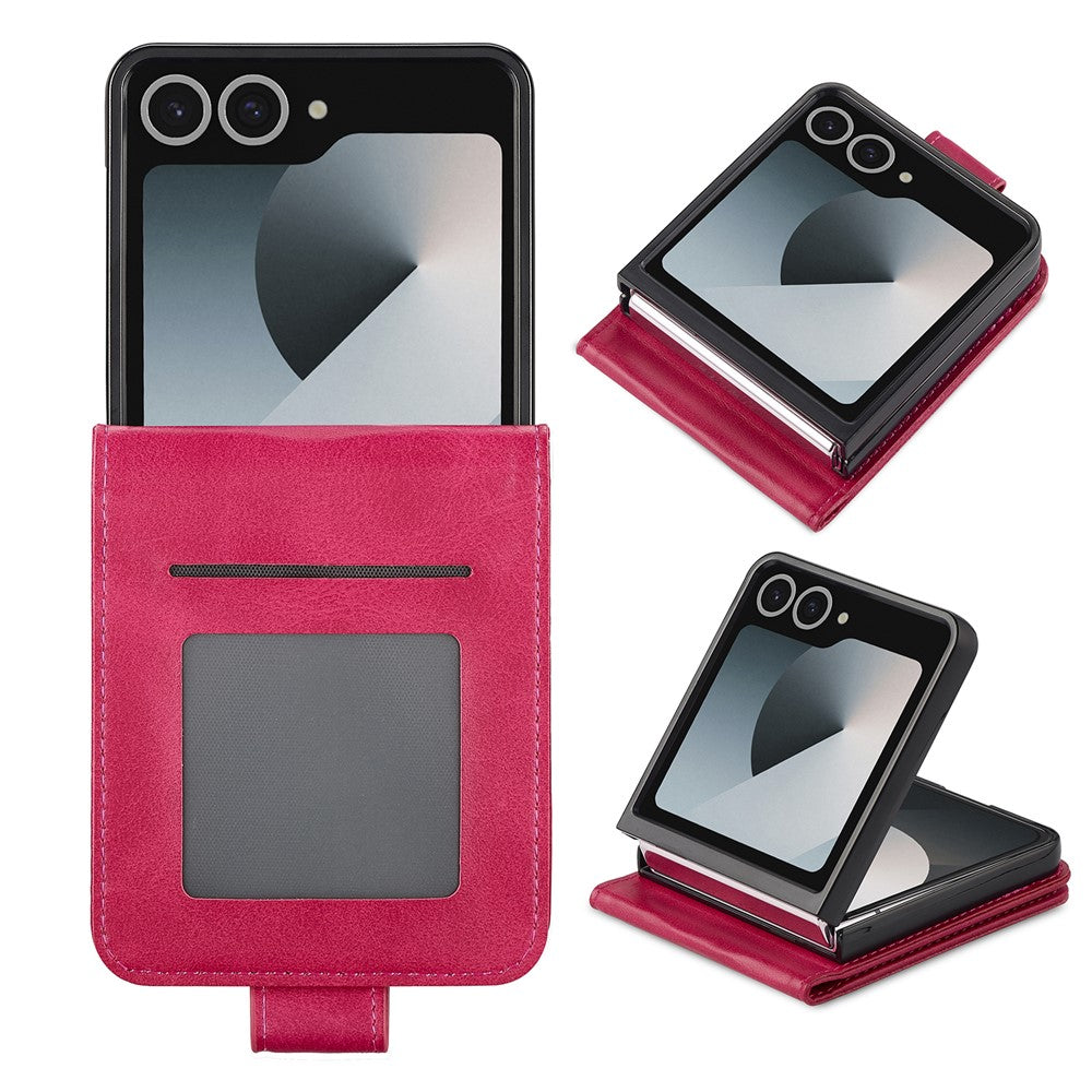 LC.IMEEKE For Samsung Galaxy Z Flip7 5G Case Card Holder Calf Texture PU Leather Folding Phone Cover - Rose