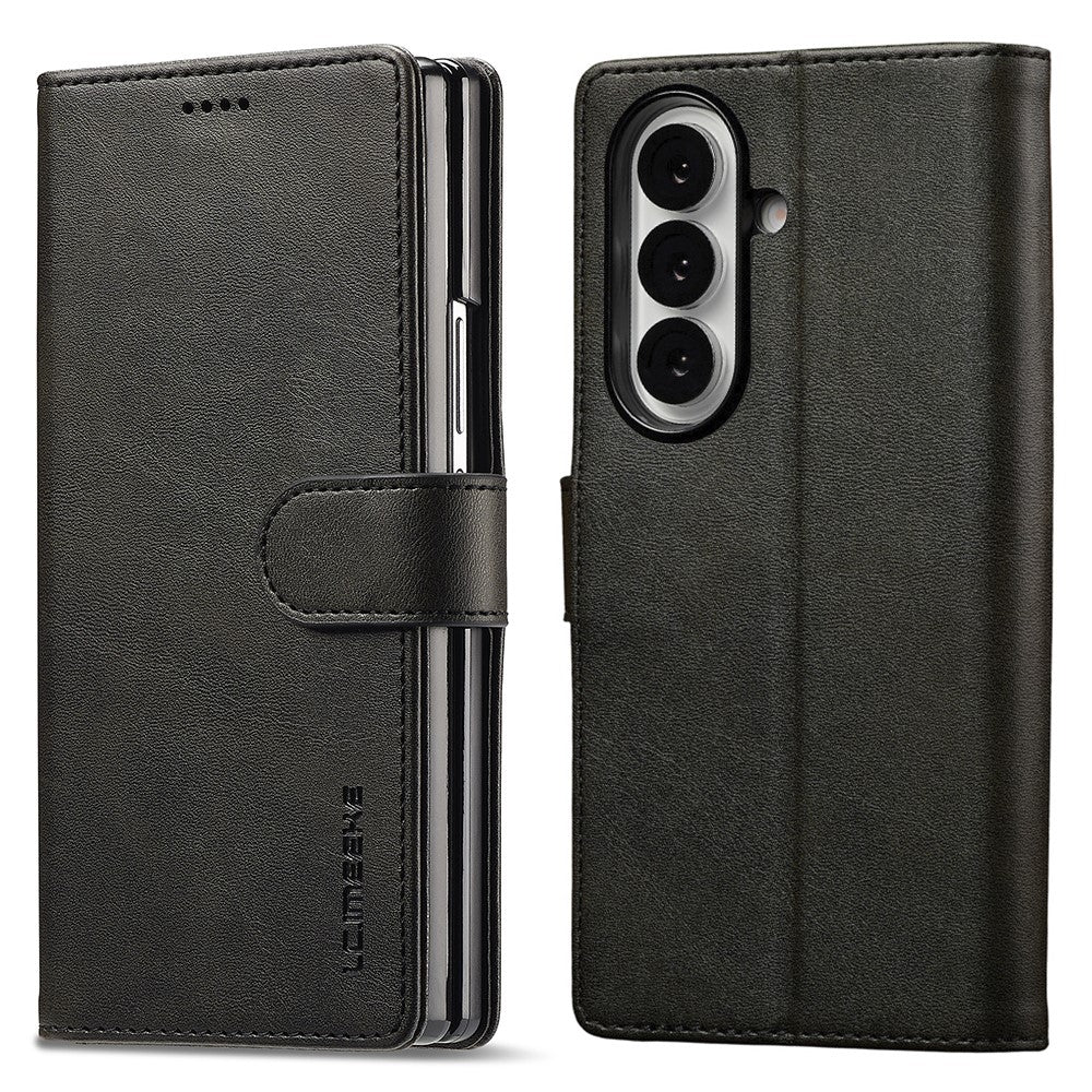 LC.IMEEKE For Samsung Galaxy Z Fold7 5G Case Calf Texture PU Leather Stand Wallet Phone Cover - Black