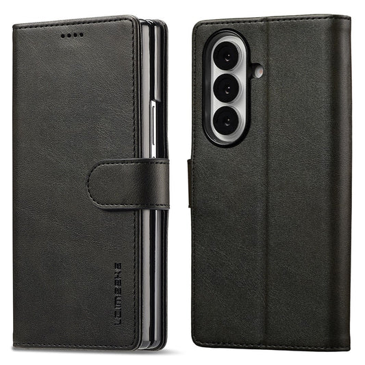 LC.IMEEKE For Samsung Galaxy Z Fold7 5G Case Calf Texture PU Leather Stand Wallet Phone Cover - Black