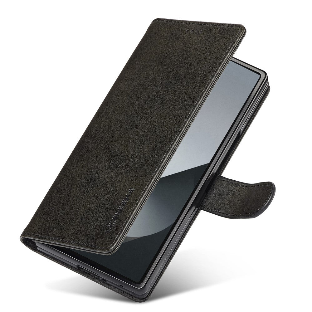 LC.IMEEKE For Samsung Galaxy Z Fold7 5G Case Calf Texture PU Leather Stand Wallet Phone Cover - Black