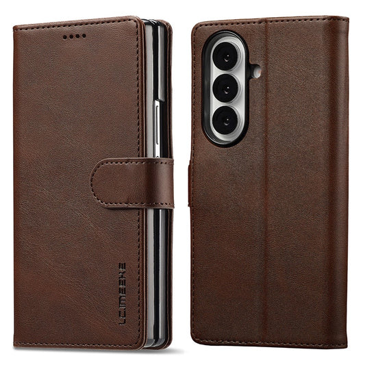 LC.IMEEKE For Samsung Galaxy Z Fold7 5G Case Calf Texture PU Leather Stand Wallet Phone Cover - Brown