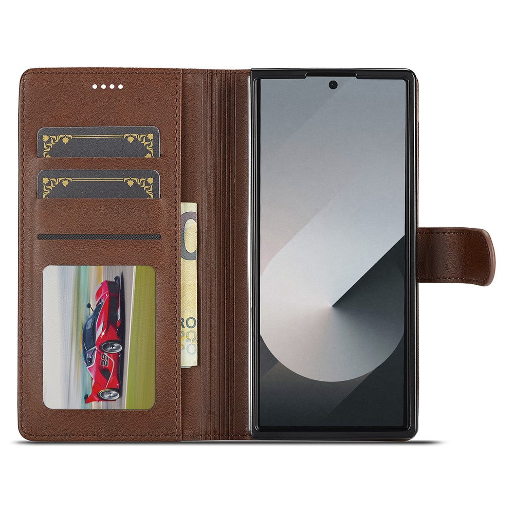 LC.IMEEKE For Samsung Galaxy Z Fold7 5G Case Calf Texture PU Leather Stand Wallet Phone Cover - Brown
