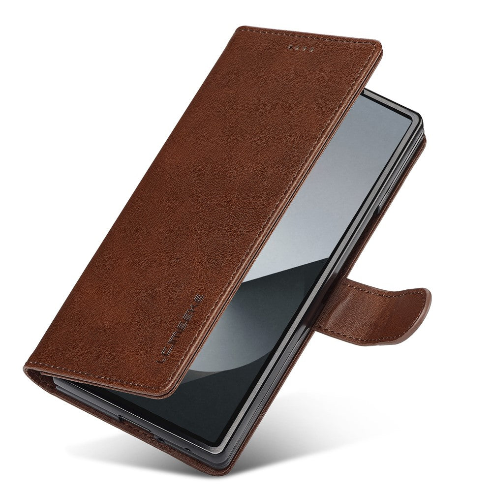 LC.IMEEKE For Samsung Galaxy Z Fold7 5G Case Calf Texture PU Leather Stand Wallet Phone Cover - Brown