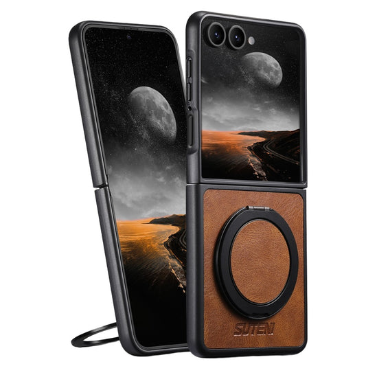 SUTENI G3 For Samsung Galaxy Z Flip7 5G Case Compatible with MagSafe Waxy Texture Rotating Kickstand Leather Phone Back Cover - Brown