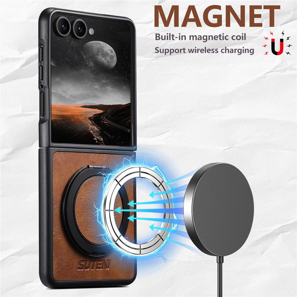 SUTENI G3 For Samsung Galaxy Z Flip7 5G Case Compatible with MagSafe Waxy Texture Rotating Kickstand Leather Phone Back Cover - Brown