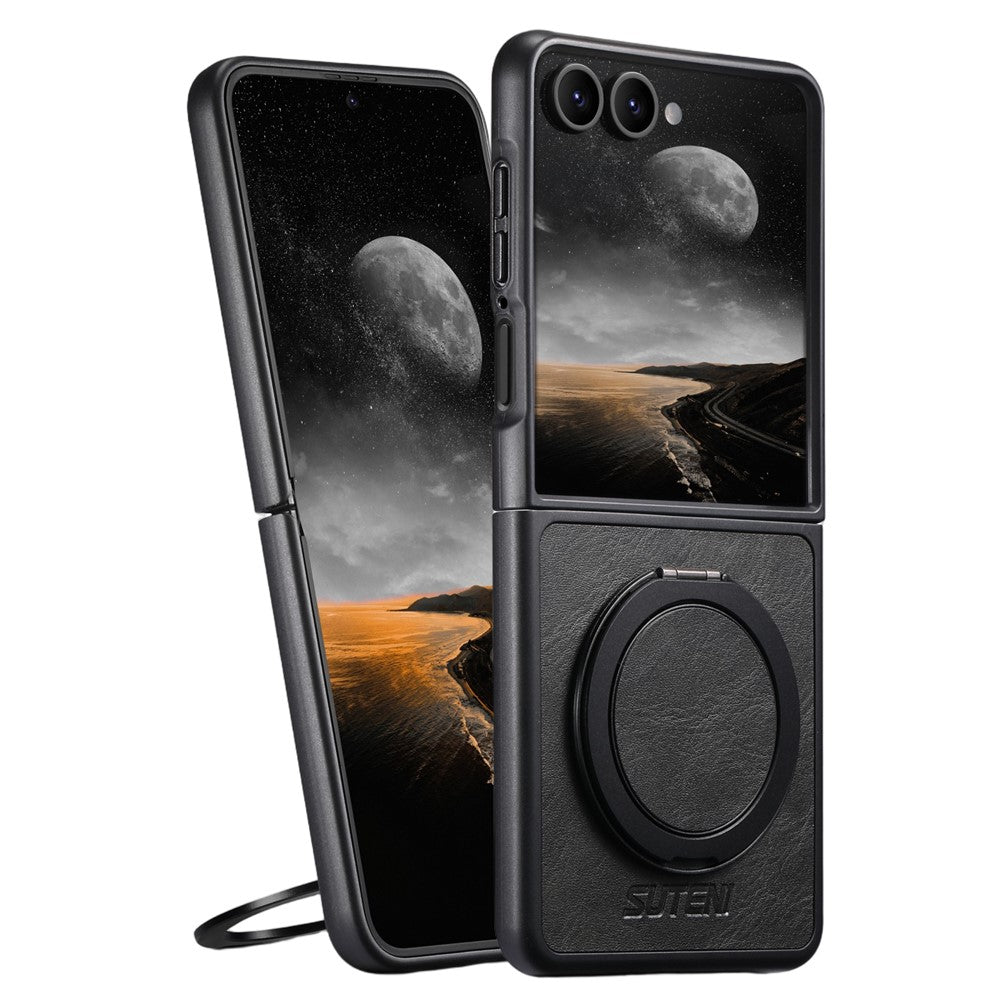 SUTENI G3 For Samsung Galaxy Z Flip7 5G Case Compatible with MagSafe Waxy Texture Rotating Kickstand Leather Phone Back Cover - Black