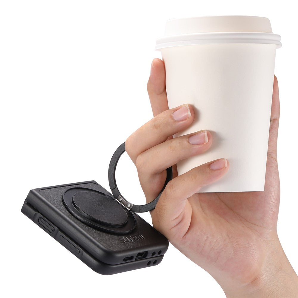 SUTENI G3 For Samsung Galaxy Z Flip7 5G Case Compatible with MagSafe Waxy Texture Rotating Kickstand Leather Phone Back Cover - Black