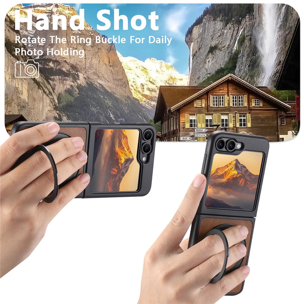 SUTENI G3 For Samsung Galaxy Z Flip7 FE 5G / Z Flip6 5G Case Compatible with MagSafe Waxy Texture Rotating Kickstand Leather Phone Back Cover - Brown