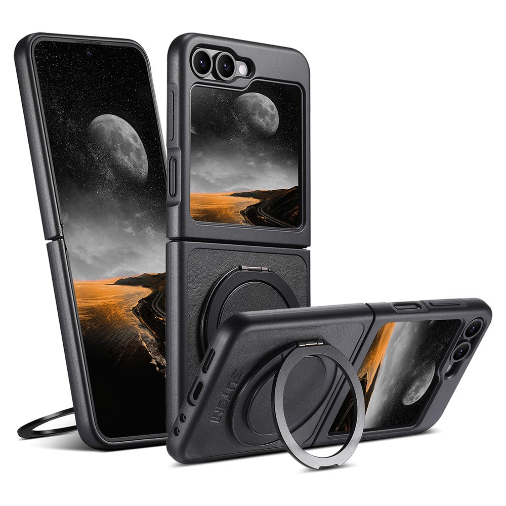 SUTENI G3 For Samsung Galaxy Z Flip7 FE 5G / Z Flip6 5G Case Compatible with MagSafe Waxy Texture Rotating Kickstand Leather Phone Back Cover - Black
