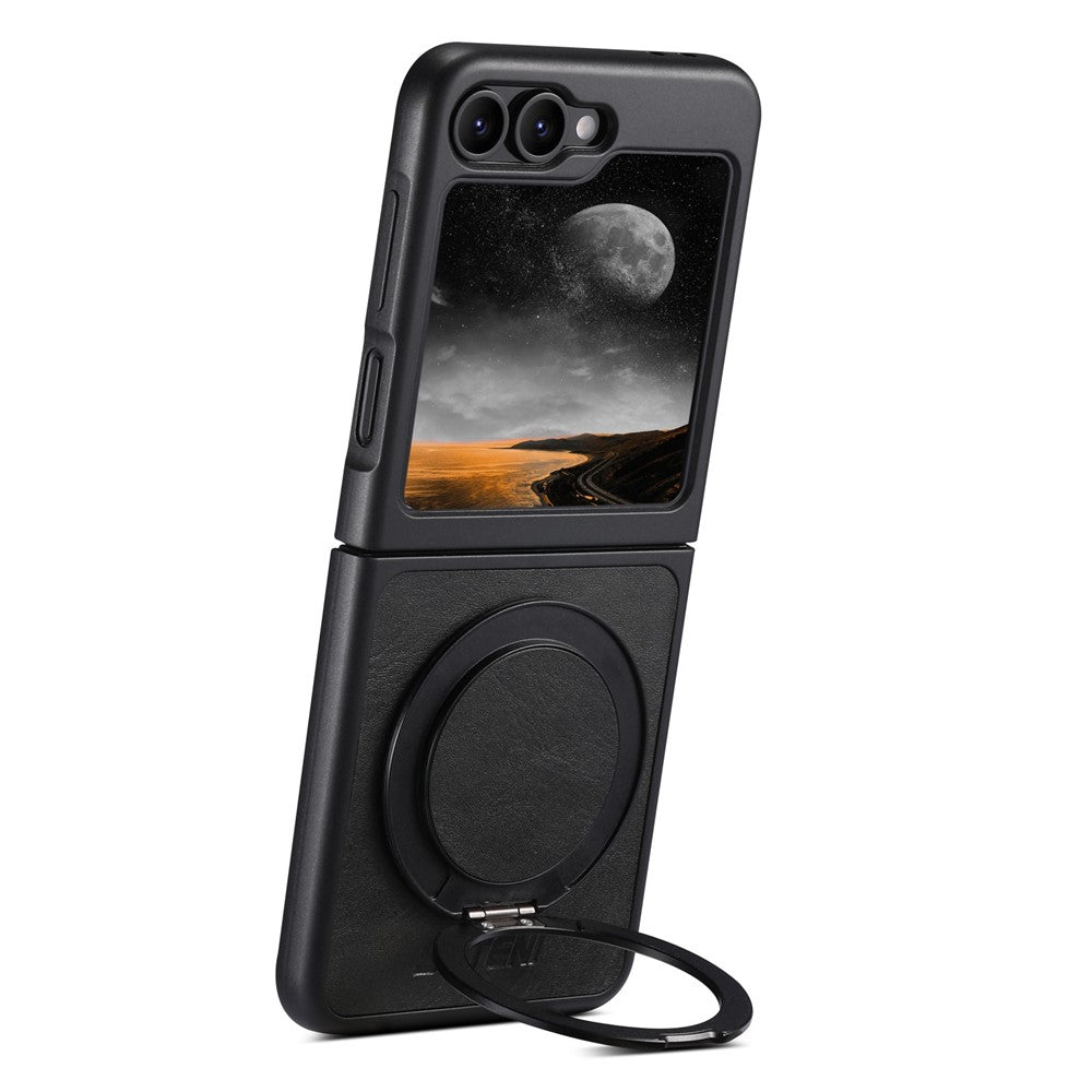 SUTENI G3 For Samsung Galaxy Z Flip7 FE 5G / Z Flip6 5G Case Compatible with MagSafe Waxy Texture Rotating Kickstand Leather Phone Back Cover - Black
