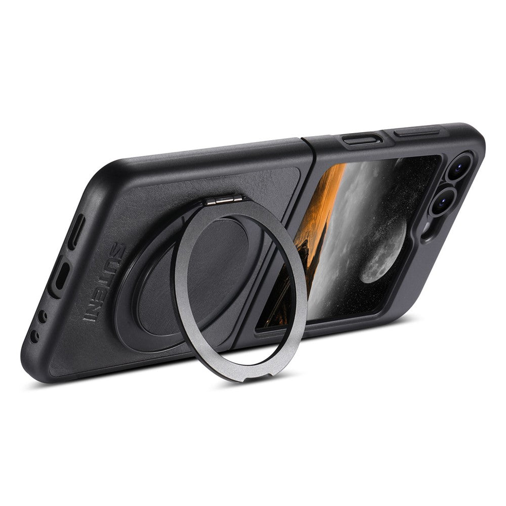 SUTENI G3 For Samsung Galaxy Z Flip7 FE 5G / Z Flip6 5G Case Compatible with MagSafe Waxy Texture Rotating Kickstand Leather Phone Back Cover - Black