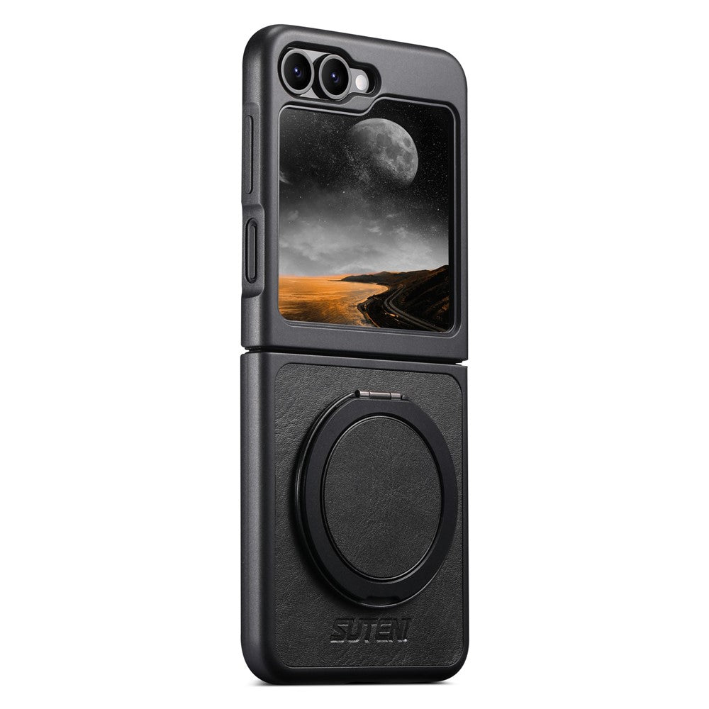 SUTENI G3 For Samsung Galaxy Z Flip7 FE 5G / Z Flip6 5G Case Compatible with MagSafe Waxy Texture Rotating Kickstand Leather Phone Back Cover - Black