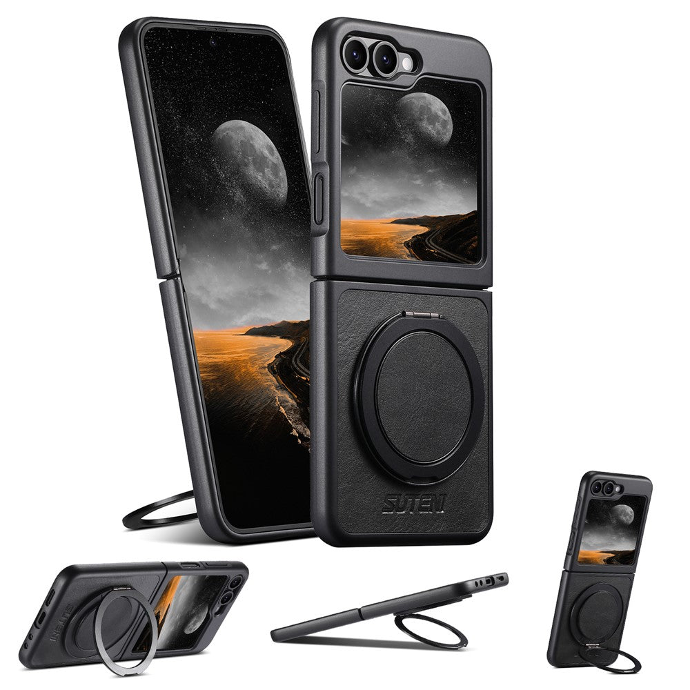 SUTENI G3 For Samsung Galaxy Z Flip7 FE 5G / Z Flip6 5G Case Compatible with MagSafe Waxy Texture Rotating Kickstand Leather Phone Back Cover - Black