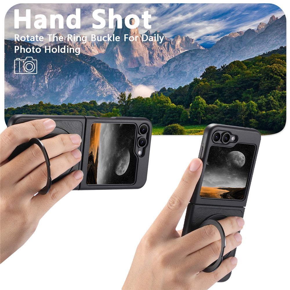 SUTENI G3 For Samsung Galaxy Z Flip7 FE 5G / Z Flip6 5G Case Compatible with MagSafe Waxy Texture Rotating Kickstand Leather Phone Back Cover - Black