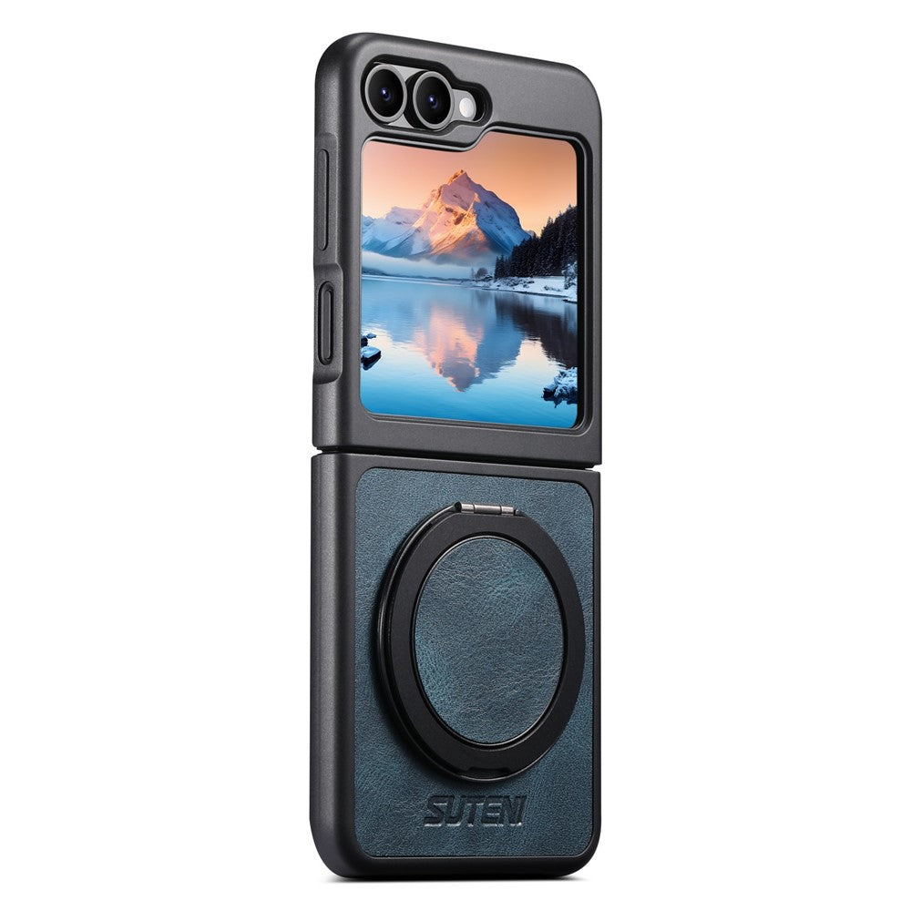 SUTENI G3 For Samsung Galaxy Z Flip7 FE 5G / Z Flip6 5G Case Compatible with MagSafe Waxy Texture Rotating Kickstand Leather Phone Back Cover - Blue
