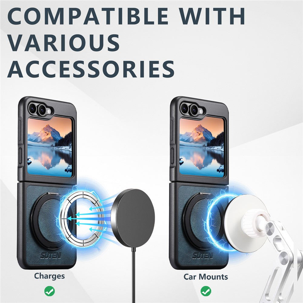 SUTENI G3 For Samsung Galaxy Z Flip7 FE 5G / Z Flip6 5G Case Compatible with MagSafe Waxy Texture Rotating Kickstand Leather Phone Back Cover - Blue
