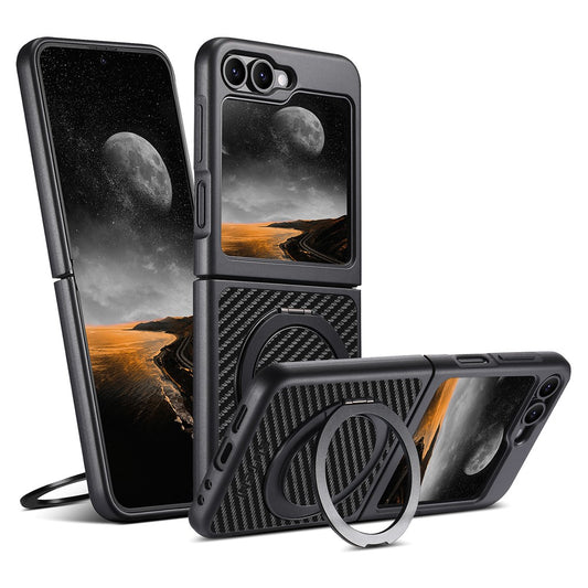 SUTENI G3 For Samsung Galaxy Z Flip7 FE 5G / Z Flip6 5G Magnetic Case Rotating Kickstand Carbon Fiber Texture Leather Phone Back Cover