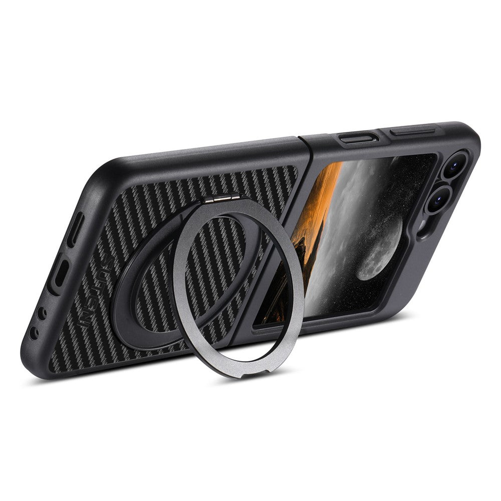SUTENI G3 For Samsung Galaxy Z Flip7 FE 5G / Z Flip6 5G Magnetic Case Rotating Kickstand Carbon Fiber Texture Leather Phone Back Cover