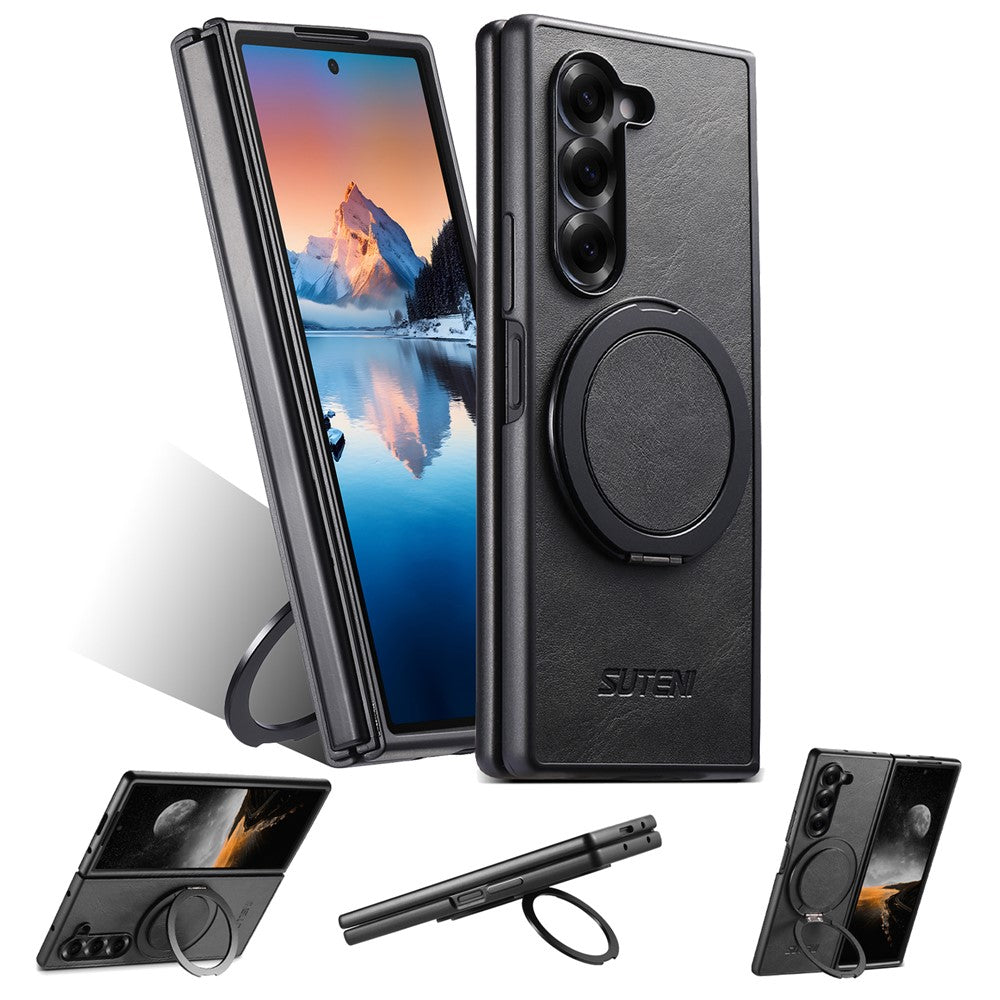 SUTENI G3 For Samsung Galaxy Z Fold7 5G Case Compatible with MagSafe Waxy Texture Rotating Kickstand Leather Phone Back Cover - Black