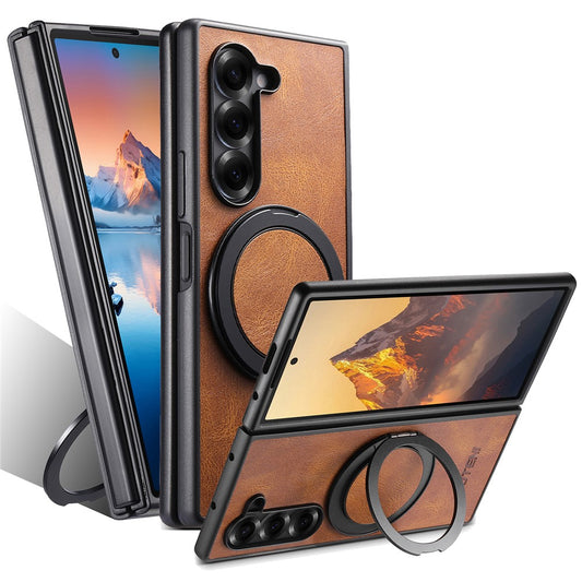 SUTENI G3 For Samsung Galaxy Z Fold7 5G Case Compatible with MagSafe Waxy Texture Rotating Kickstand Leather Phone Back Cover - Brown
