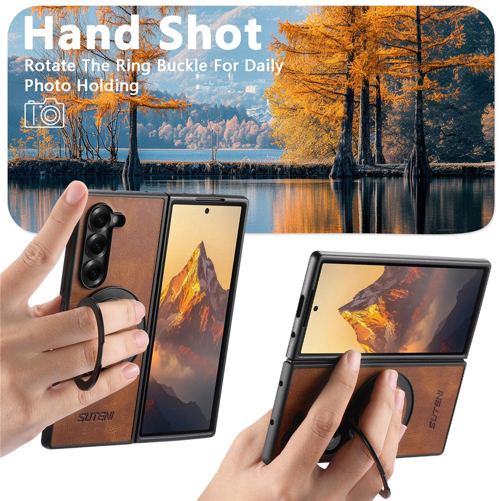 SUTENI G3 For Samsung Galaxy Z Fold7 5G Case Compatible with MagSafe Waxy Texture Rotating Kickstand Leather Phone Back Cover - Brown