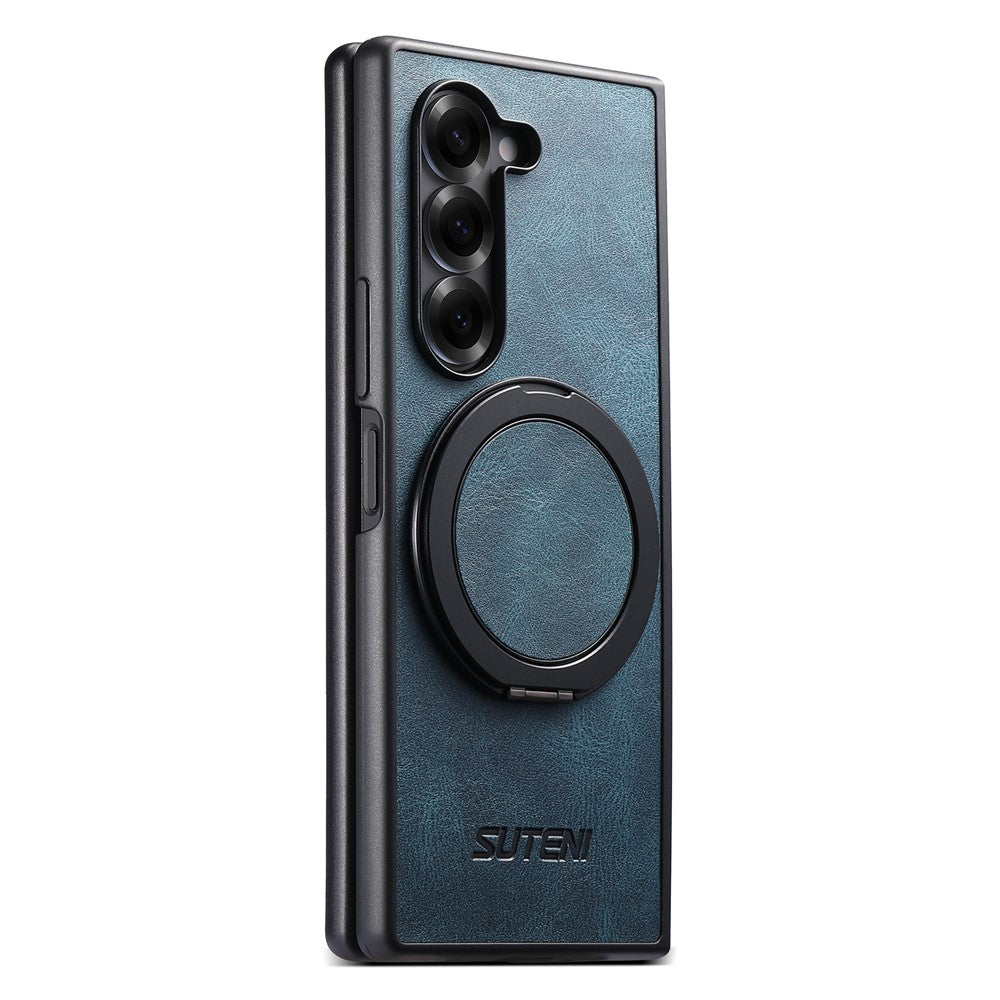 SUTENI G3 For Samsung Galaxy Z Fold7 5G Case Compatible with MagSafe Waxy Texture Rotating Kickstand Leather Phone Back Cover - Blue