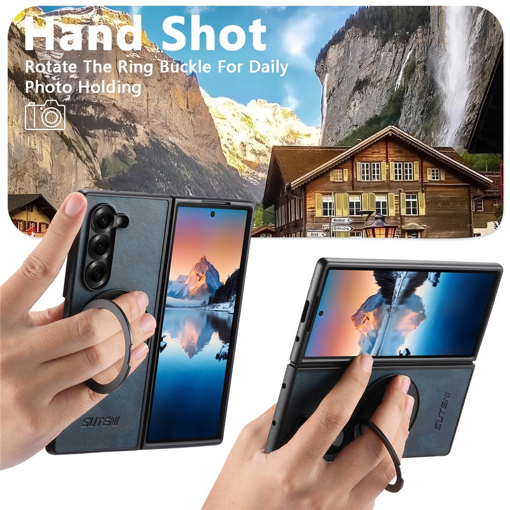 SUTENI G3 For Samsung Galaxy Z Fold7 5G Case Compatible with MagSafe Waxy Texture Rotating Kickstand Leather Phone Back Cover - Blue