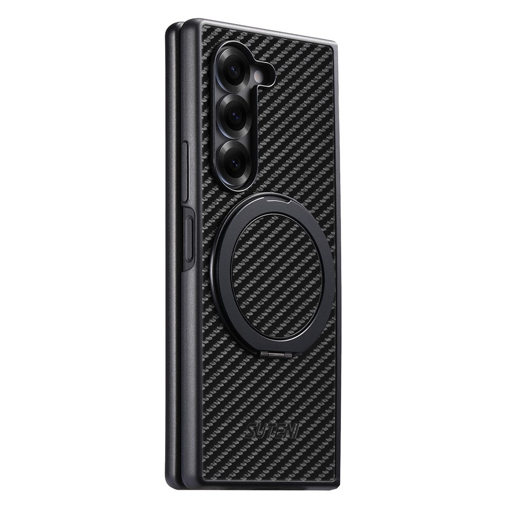 SUTENI G3 For Samsung Galaxy Z Fold7 5G Magnetic Case Rotating Kickstand Carbon Fiber Texture Leather Phone Back Cover