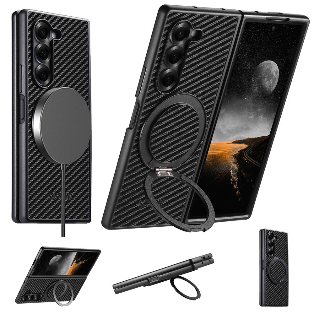 SUTENI G3 For Samsung Galaxy Z Fold7 5G Magnetic Case Rotating Kickstand Carbon Fiber Texture Leather Phone Back Cover