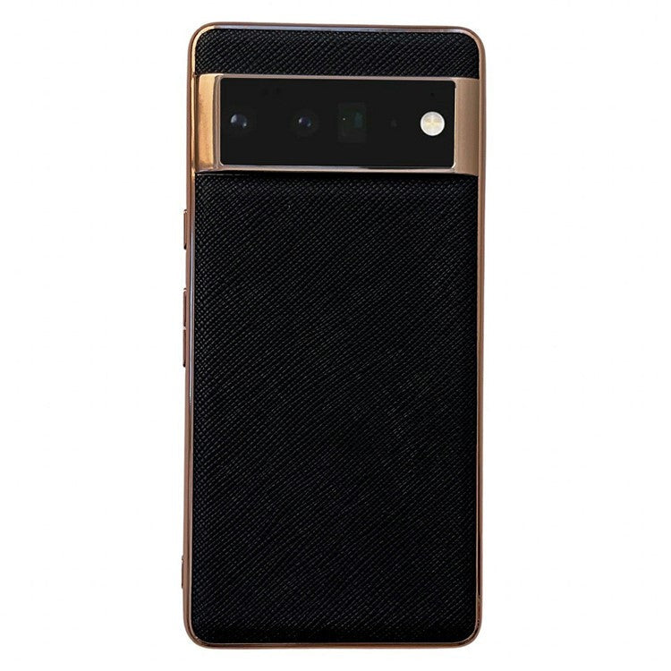 Nano Electroplating Back Cover for Google Pixel 6 Pro 5G, Cross Texture Genuine Leather Coated TPU Anti-drop Phone Case - Black