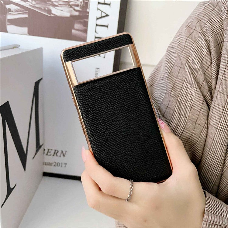 Nano Electroplating Back Cover for Google Pixel 6 Pro 5G, Cross Texture Genuine Leather Coated TPU Anti-drop Phone Case - Black