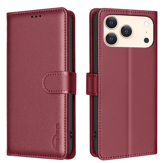For iPhone 17 Pro Max Leather Case BINFEN COLOR BF32 Wallet RFID Blocking Phone Cover - Red