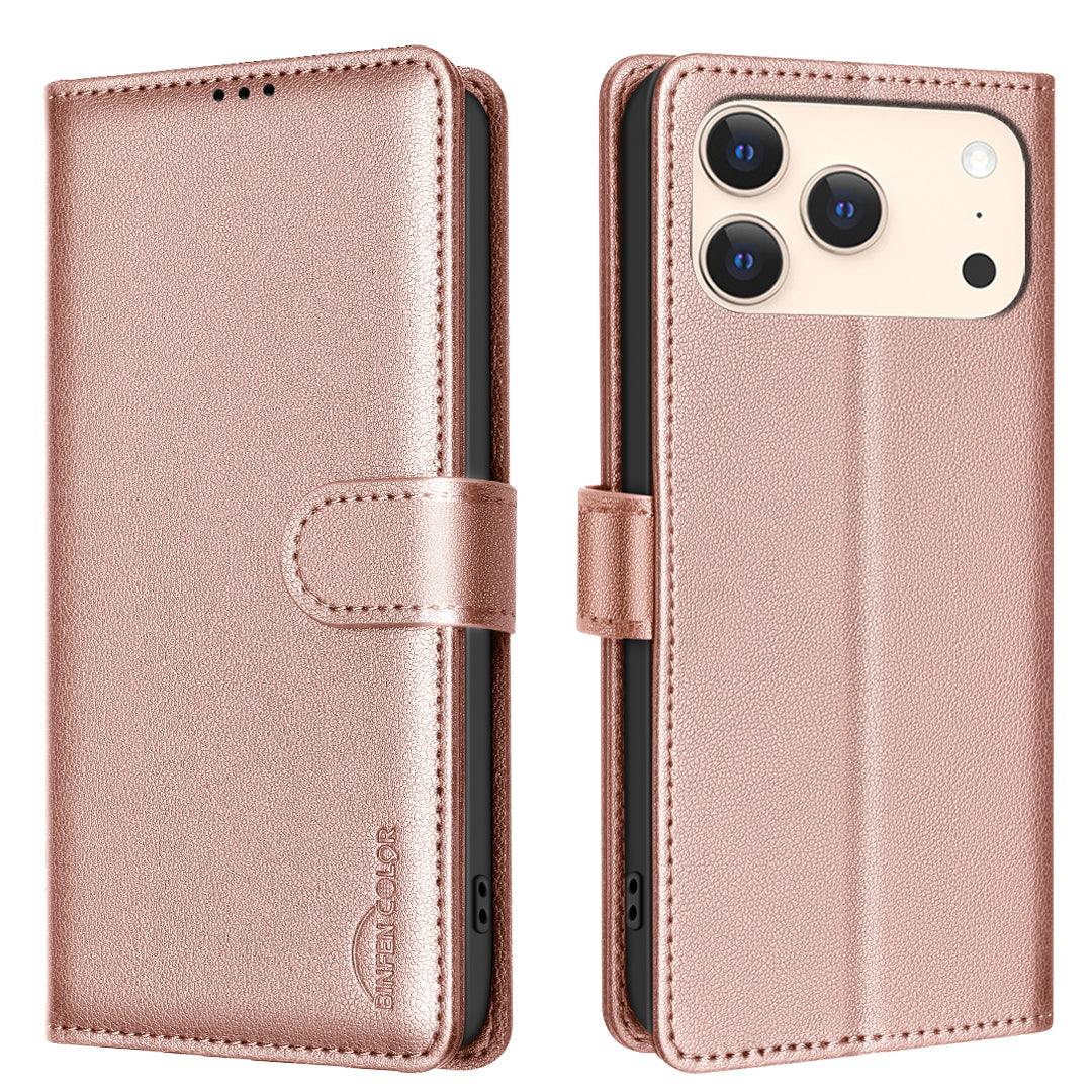 For iPhone 17 Pro Max Leather Case BINFEN COLOR BF32 Wallet RFID Blocking Phone Cover - Rose Gold