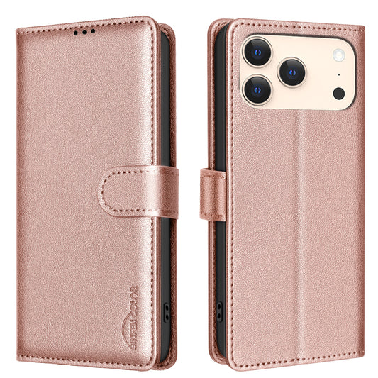 For iPhone 17 Pro Max Leather Case BINFEN COLOR BF32 Wallet RFID Blocking Phone Cover - Rose Gold
