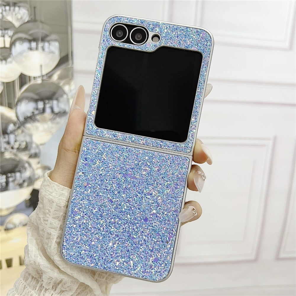 For Samsung Galaxy Z Flip7 FE 5G / Z Flip6 5G Case Rubberized Silver Edge Phantom Glitter Hard PC Phone Cover - Blue