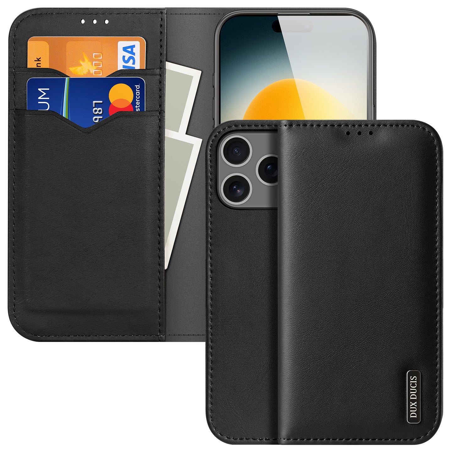 For iPhone 17 Pro Max Case DUX DUCIS Hivo Series Cowhide Leather RFID Blocking Wallet Stand Flip Phone Cover - Black
