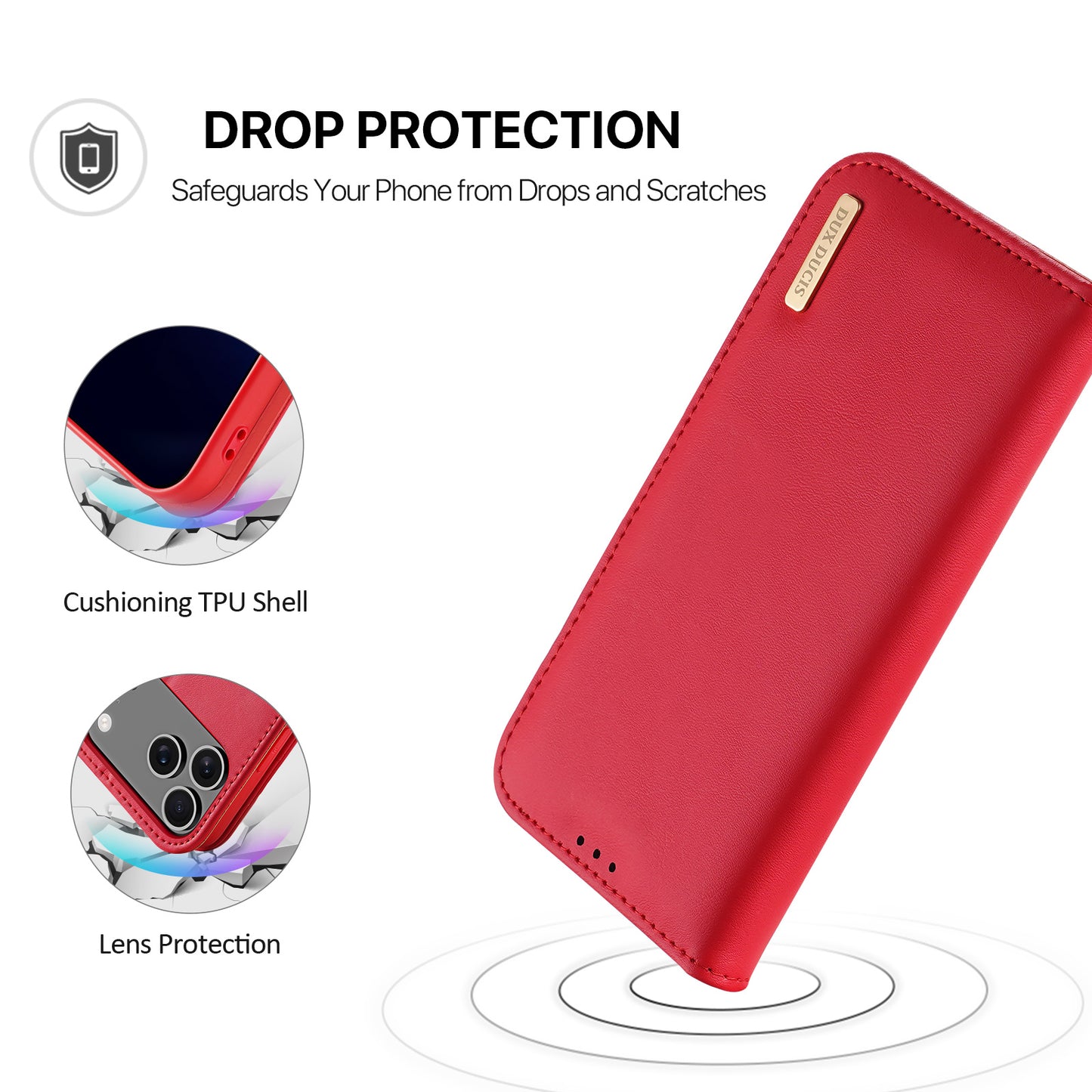 For iPhone 17 Pro Max Case DUX DUCIS Hivo Series Cowhide Leather RFID Blocking Wallet Stand Flip Phone Cover - Red