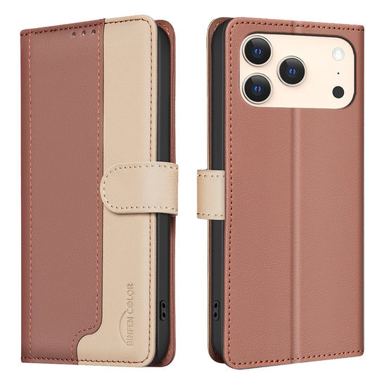 For iPhone 17 Pro Max Leather Case BINFEN COLOR Splicing Color RFID Blocking Wallet Stand Phone Cover - Brown