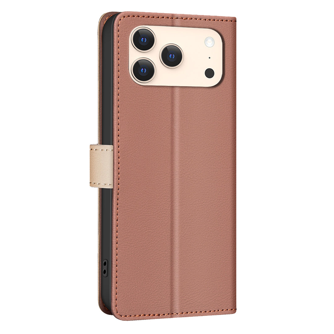 For iPhone 17 Pro Max Leather Case BINFEN COLOR Splicing Color RFID Blocking Wallet Stand Phone Cover - Brown