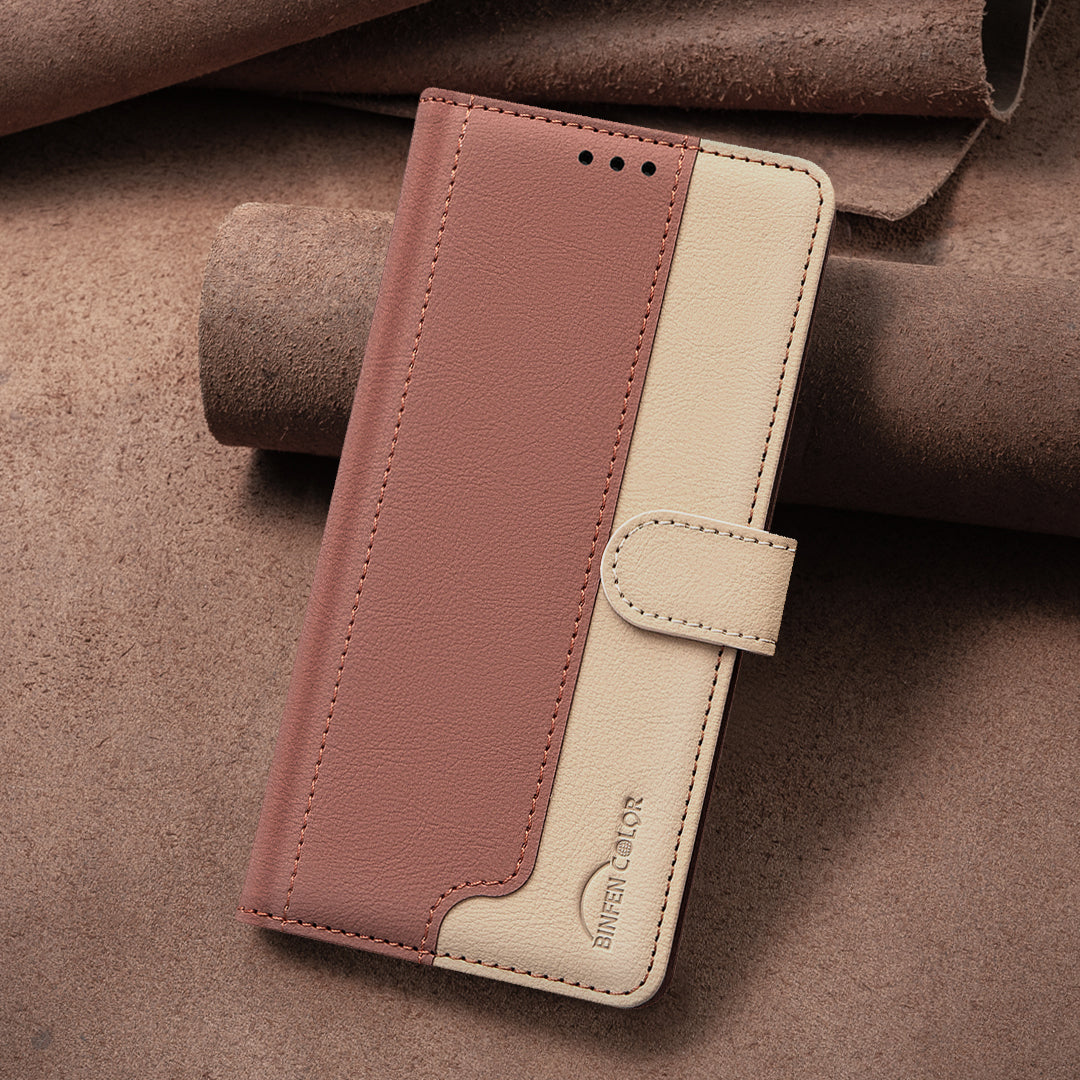For iPhone 17 Pro Max Leather Case BINFEN COLOR Splicing Color RFID Blocking Wallet Stand Phone Cover - Brown